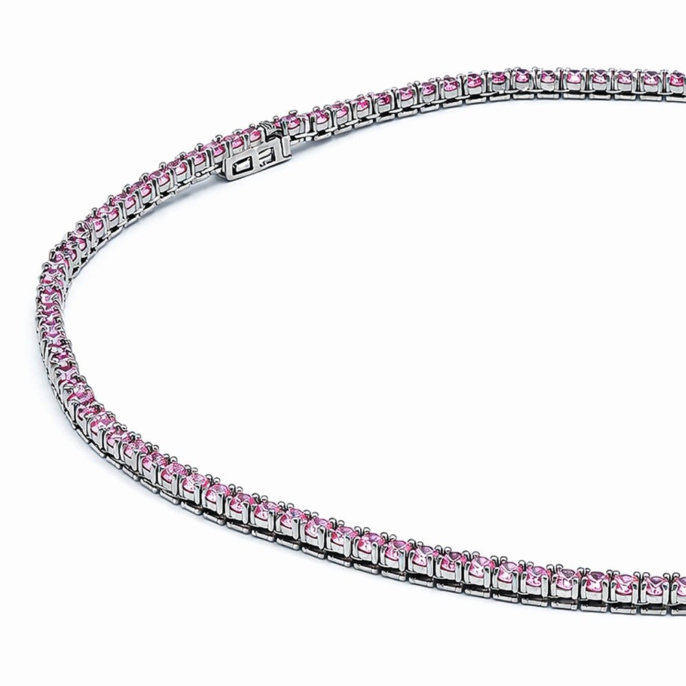 925 Sterling Silver Pink CZ Mini Tennis Necklace 3MM For Women