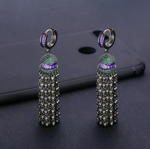 18k Black Rhodium Filled Purple Amethyst Gemstone Long Tassel Earrings Gorgeous