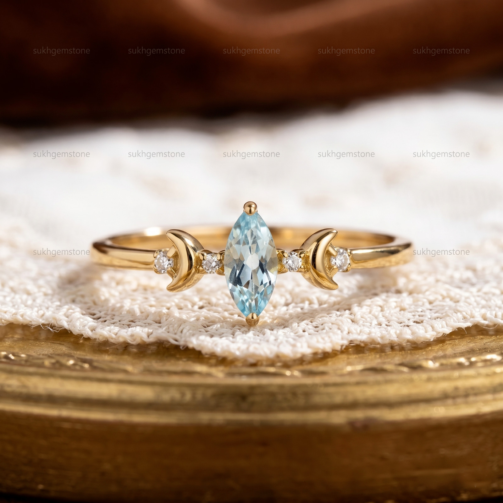 aquamarine Ring, Brass Gold Alloy , Birthday Gift Her, Women Ring