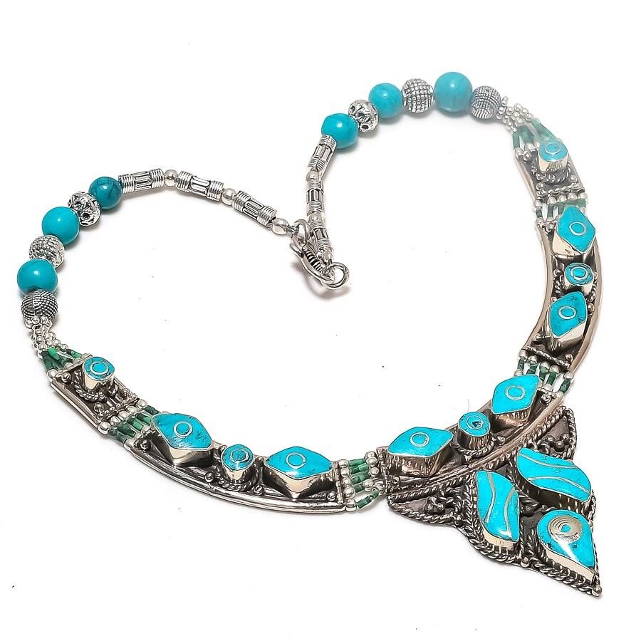 Tibetan Turquoise Handmade Statement Bohemian Nepali Jewelry Necklace 18″ SR47