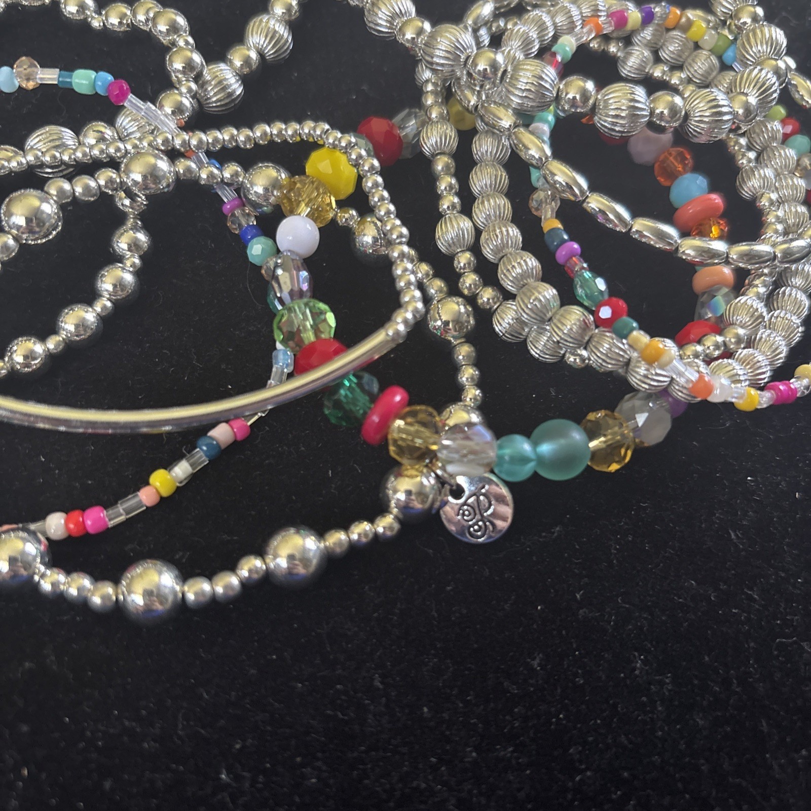 Plunder Light Weight Silver With Colorful Beaded Stretch Bracelets