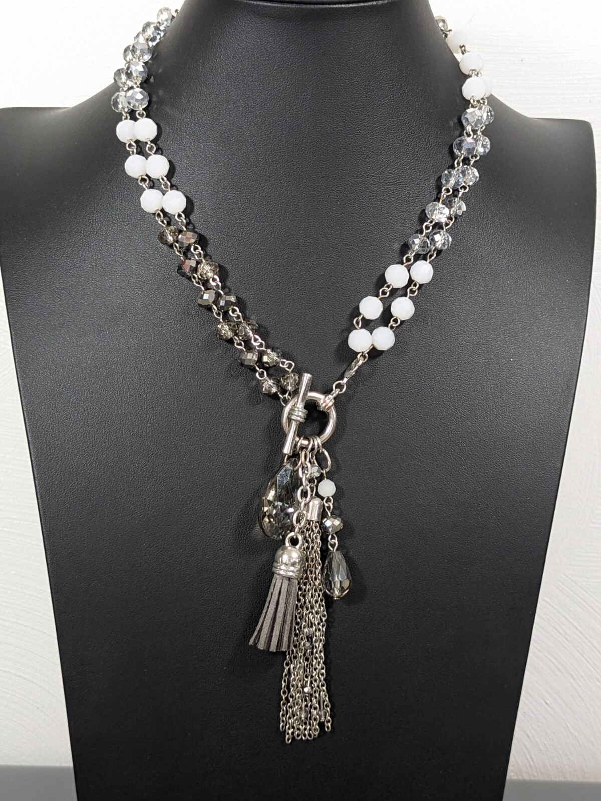 White Gray Glass Bead Tassel Smokey Teardrop Charm Toggle Necklace Coastal 19 in