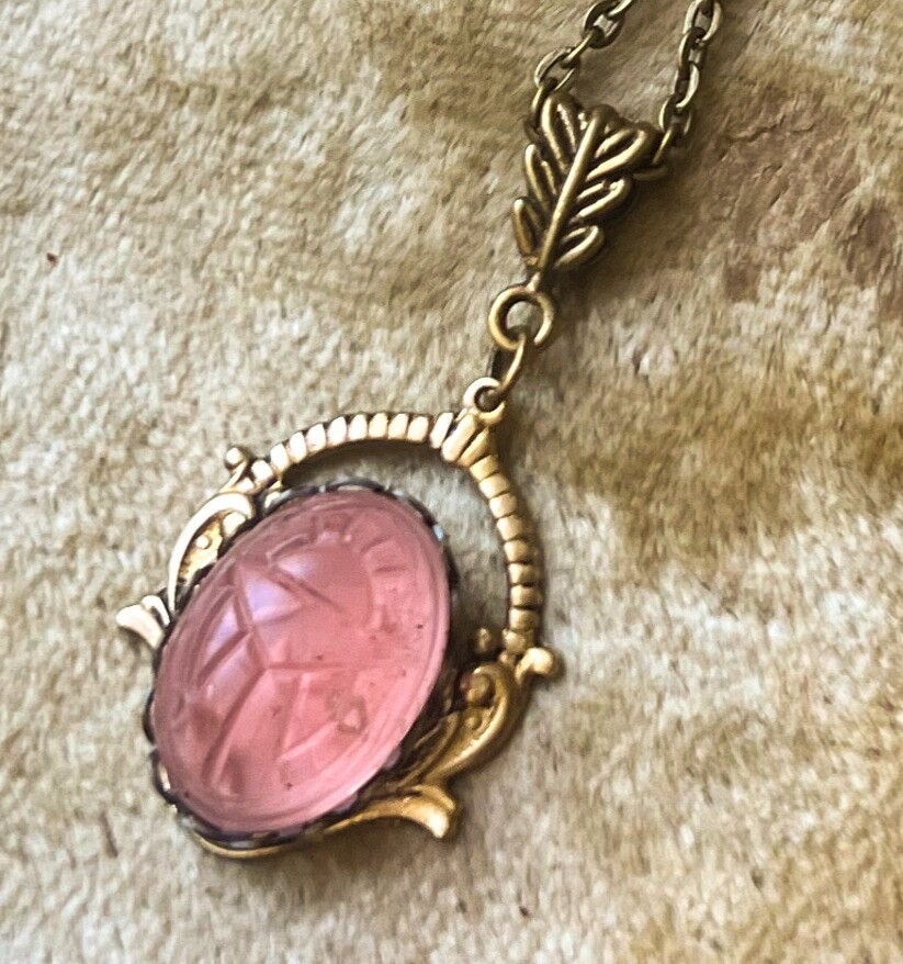 Egyptian Revival Necklace Scarab Pink Czech Glass Brass Filigree Pendant