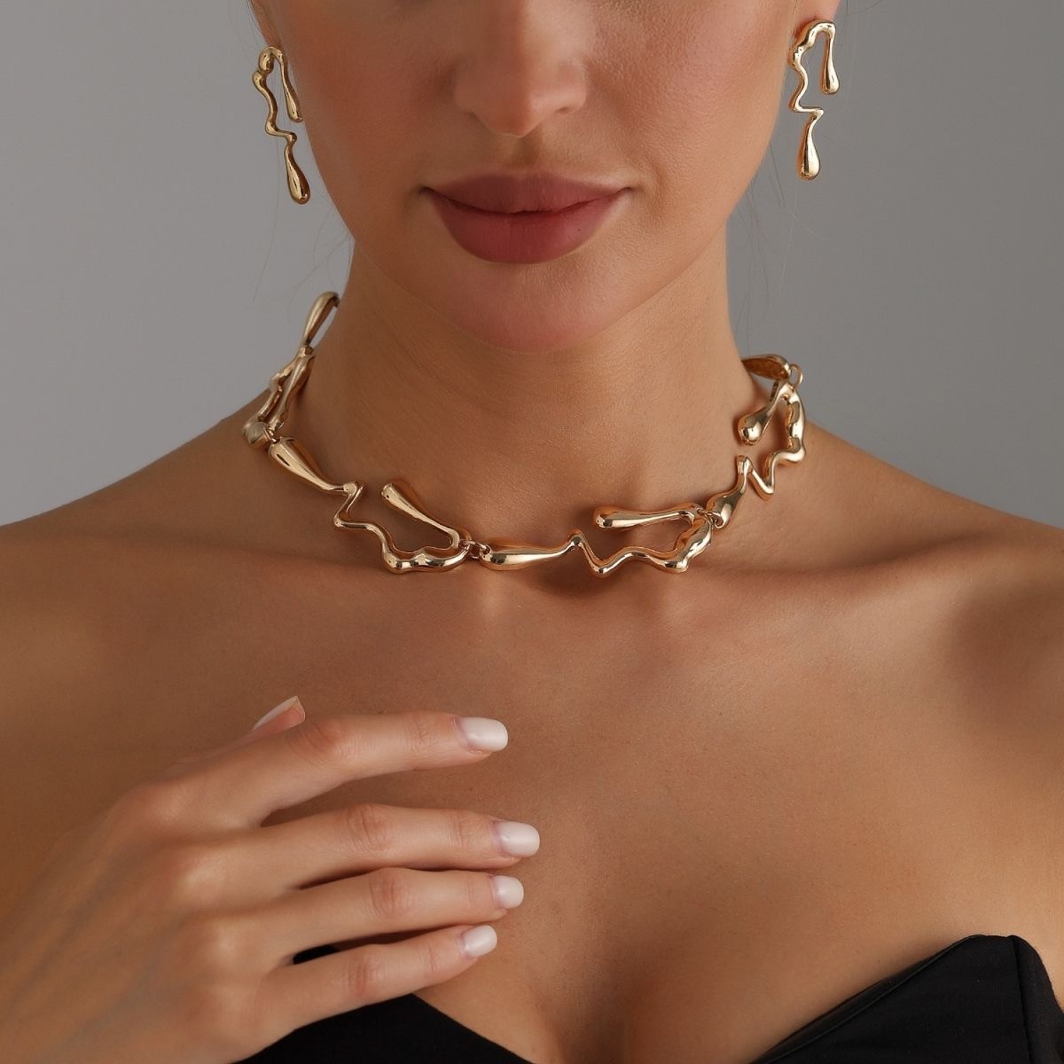 Gold Plated Abstract Drip Choker & Earring Set, Modern Statement Jewelry