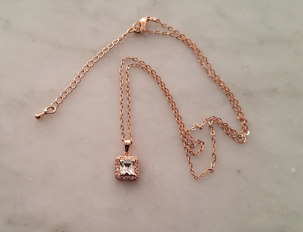 JCM China Rose Gold Toned Square CZ with Pave on 18″ Cable Chain Necklace