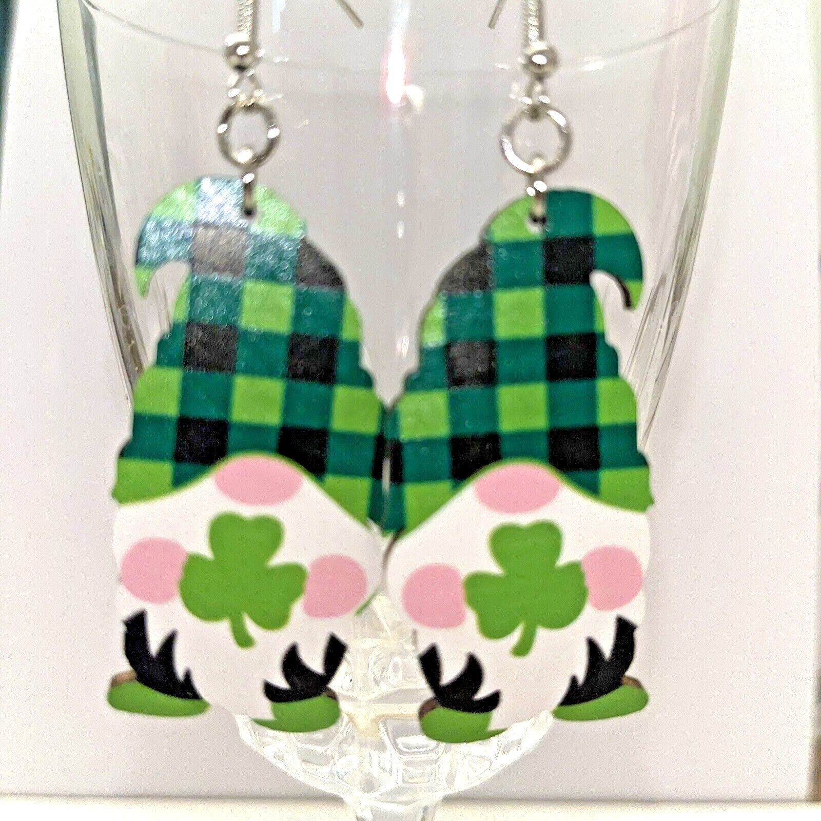 Saint Patrick’s Day Gnome Wood Earrings Double Sided 2″ long x 1″ Wide Brand New