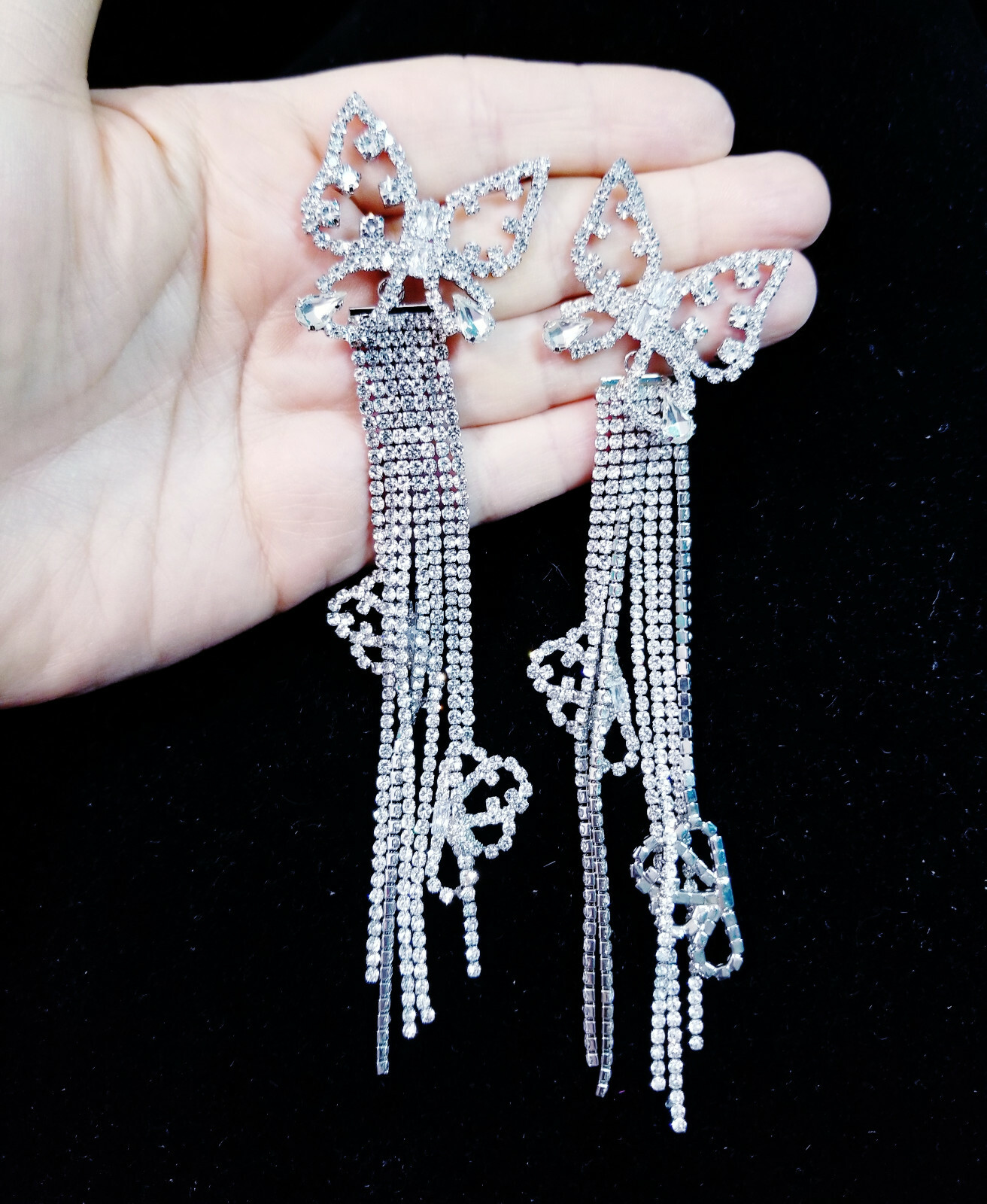 Butterfly Chandelier Drop Dangle Earrings Rhinestone Crystal 5.7 inch