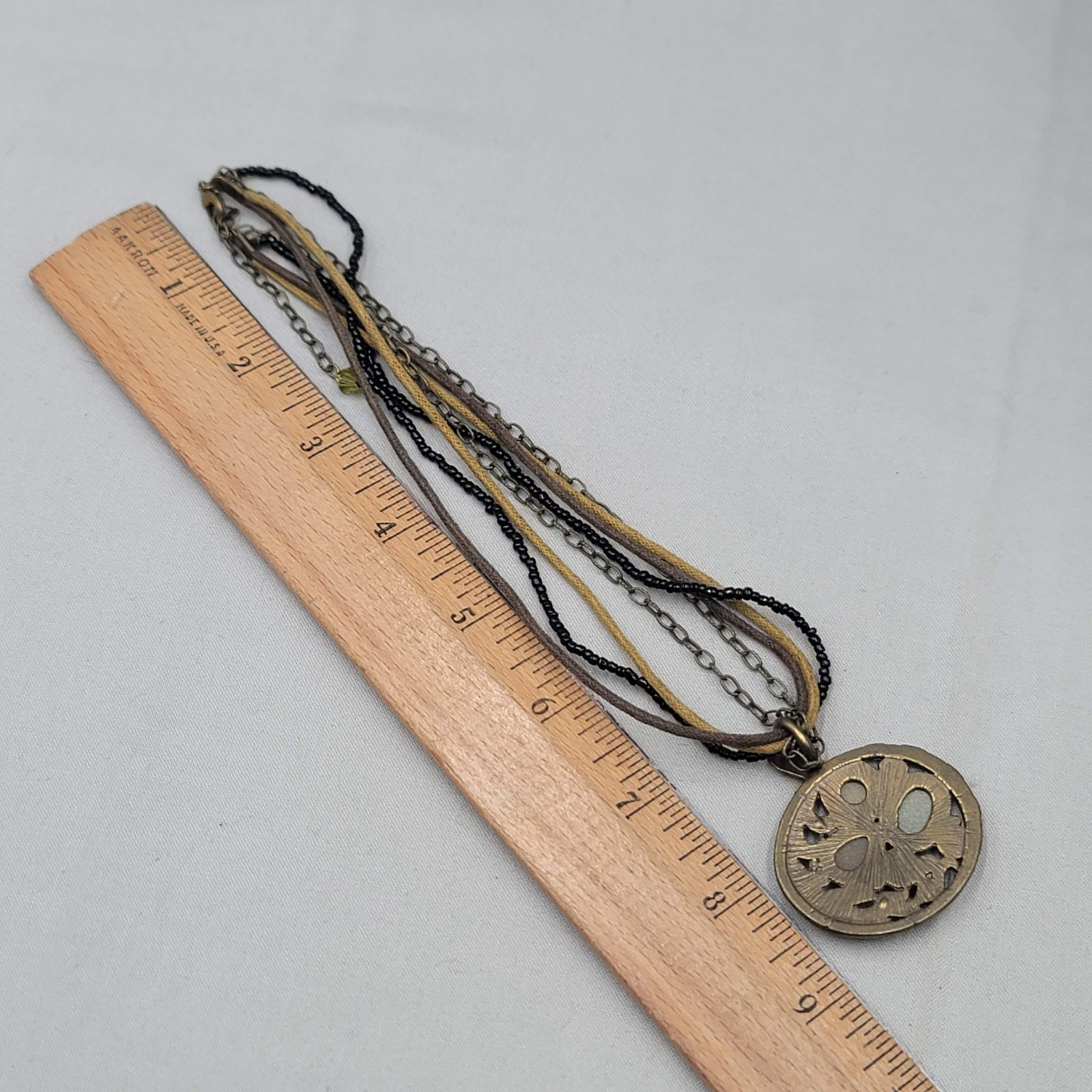 Embossed Acrylic Rhinestone Pendant Necklace Bronze tone Multiple Strands 15″-17