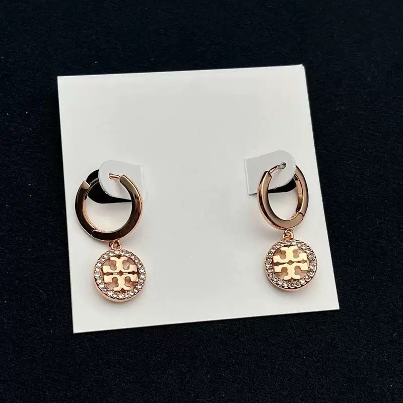 New Burch Crystal Lady Earrings Classic Double T Logo Hoop Rose Gold