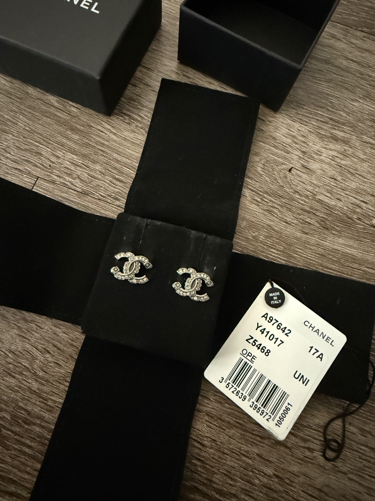 CHANEL Dark Silver Crystal Logo Stud Earrings