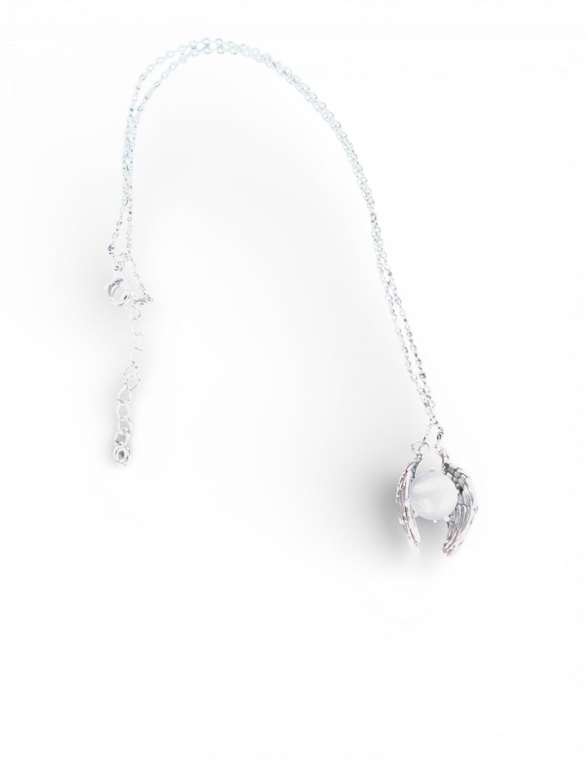 Angel Wing Pendant Necklace Silver Tone White Glass Religious Jewelry Adjustable