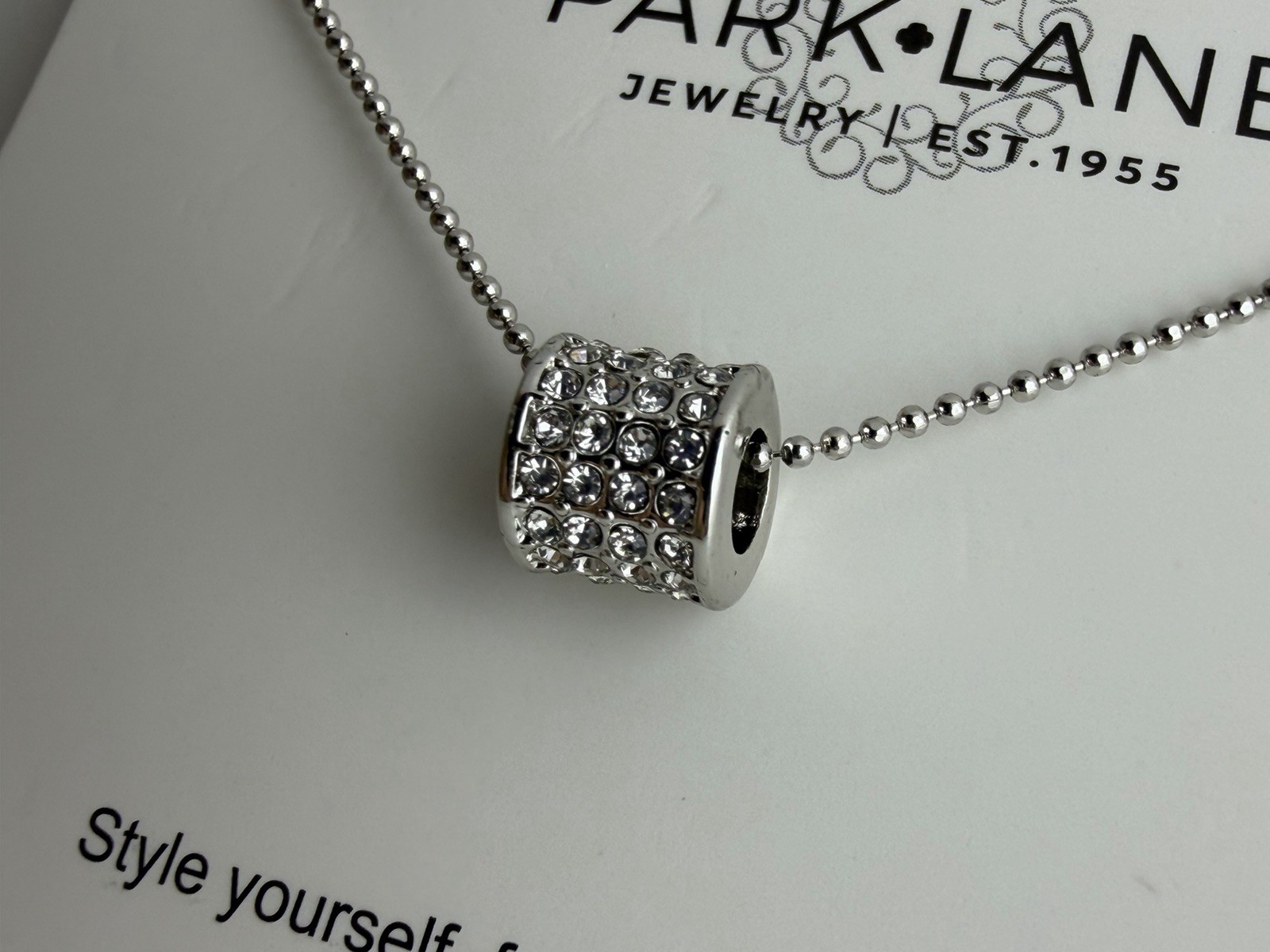 Park Lane Craze Necklace Silver Tone Pave Crystal Cylinder Barrel Pendant NEW