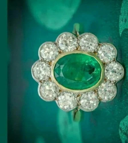 2.40 Ct Oval Cut Natural Emerald Diamond Wedding Ring 14K Real Yellow Gold