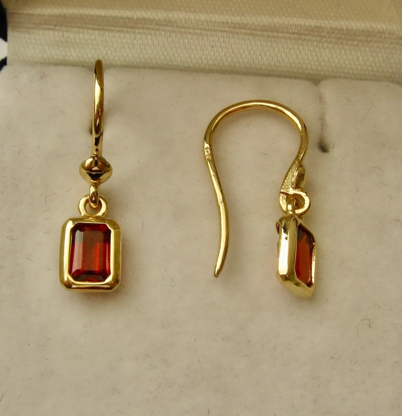 Emerald Cut Simulated Red Garnet Drop/Dangle Earrings In 14k Yellow Gold Plated