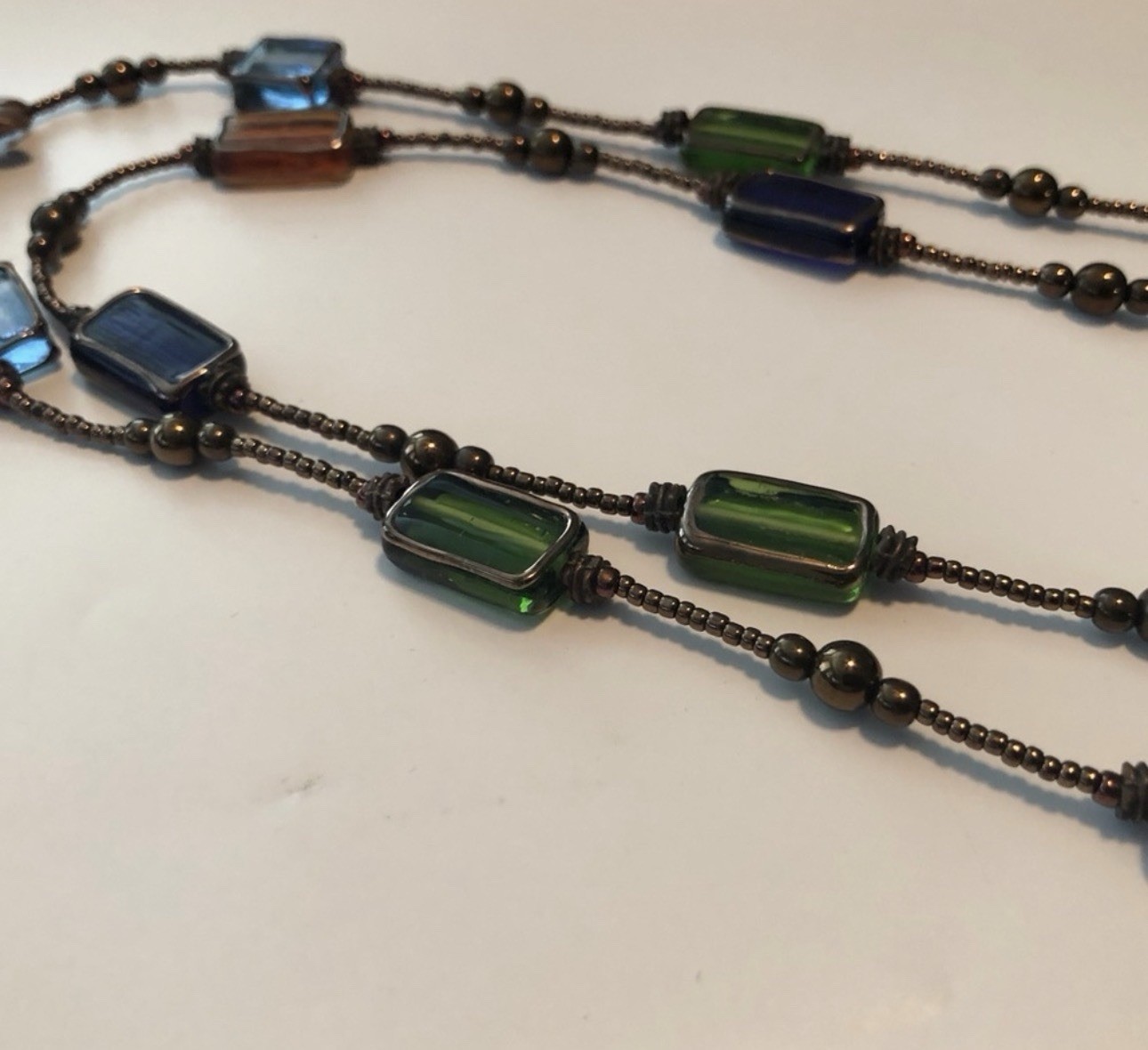 Multicolor Glass Rectangular Bead Layered Ball/Bead Chain Necklace w/ Toggle
