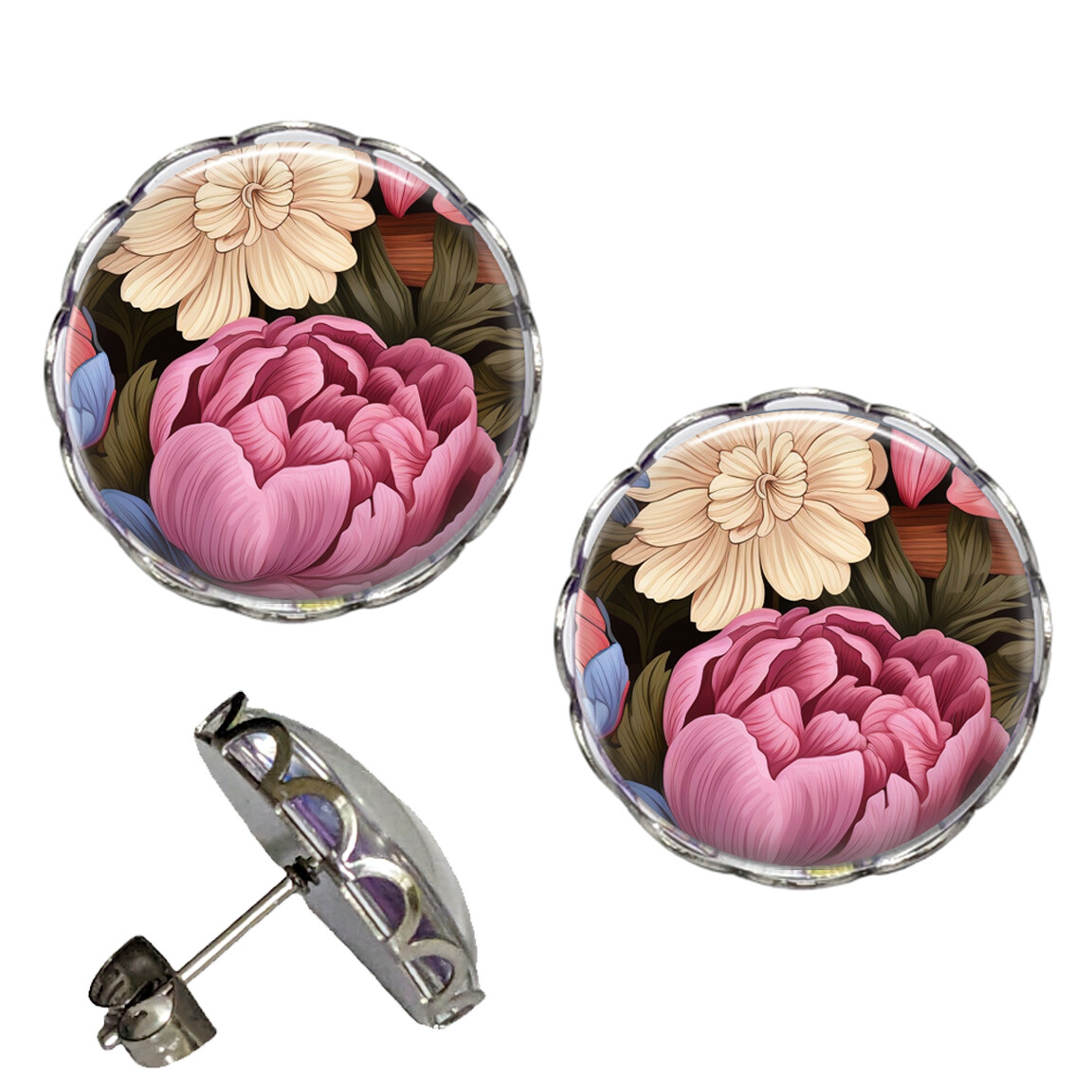Pink Peonies Peony Floral Earrings NO TARNISHING Scalloped Studs Waterproof