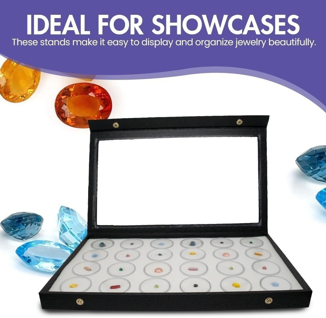 Large Jewelry Display Case 14.75×8.25 + 24 Gem Jars Clear Lid White Foam Tray