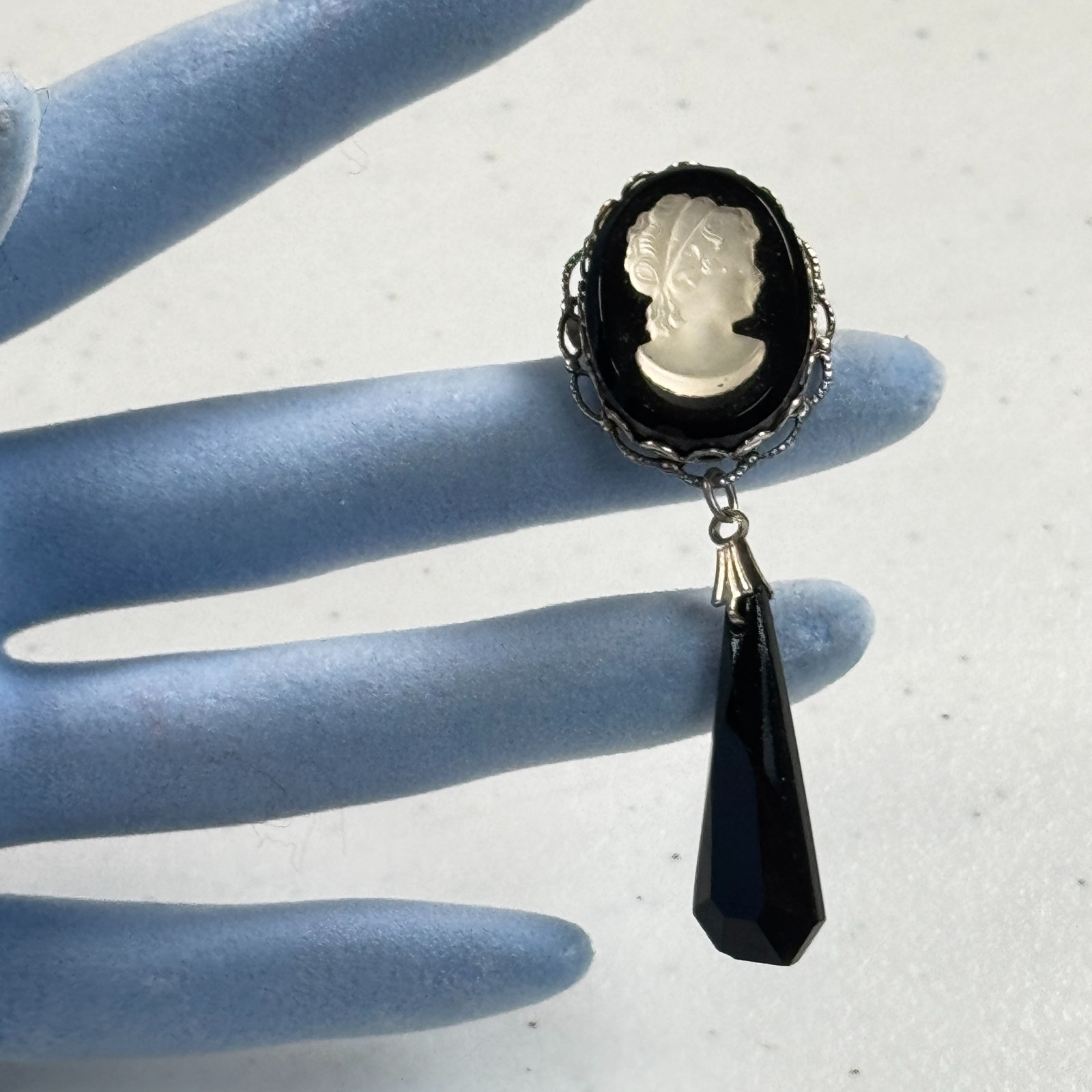 Vintage Cameo Brooch Pendant Black Glass Dangle Victorian Revival Silver Tone