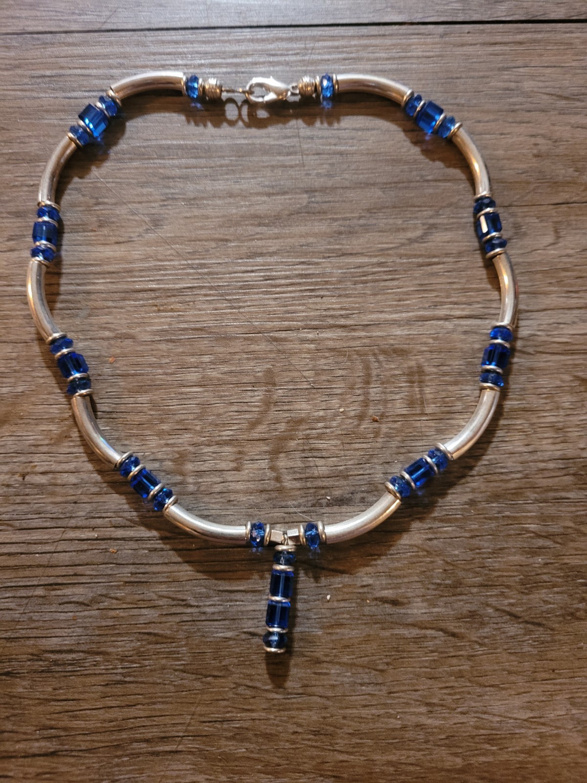 Silver Tone Blue Crystal Pendant Necklace Unisex Men’s Women’s Fashion Jewelry