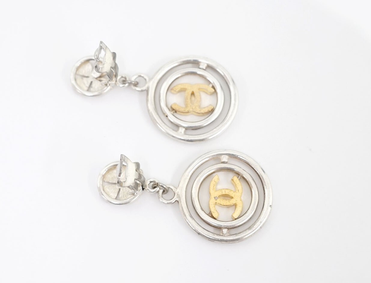 CHANEL CC Logos Clover Dangle Earrings Silver & Gold Tone 96P Auth w/Box b1077