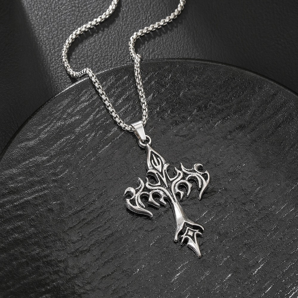 Tribal Flame Carved Cross Pendant Box Chain Necklace Stainless Men Neck Jewelry