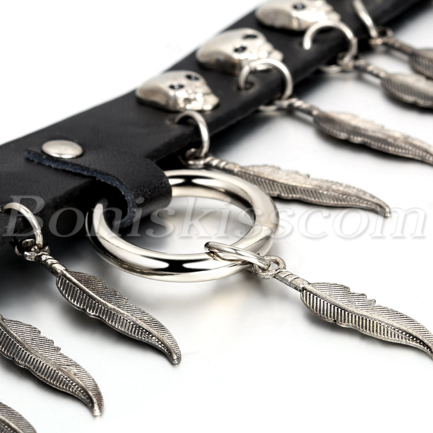 Gothic Punk Skulls Studs Feather Black Leather Choker Collar Necklace 80S 90S