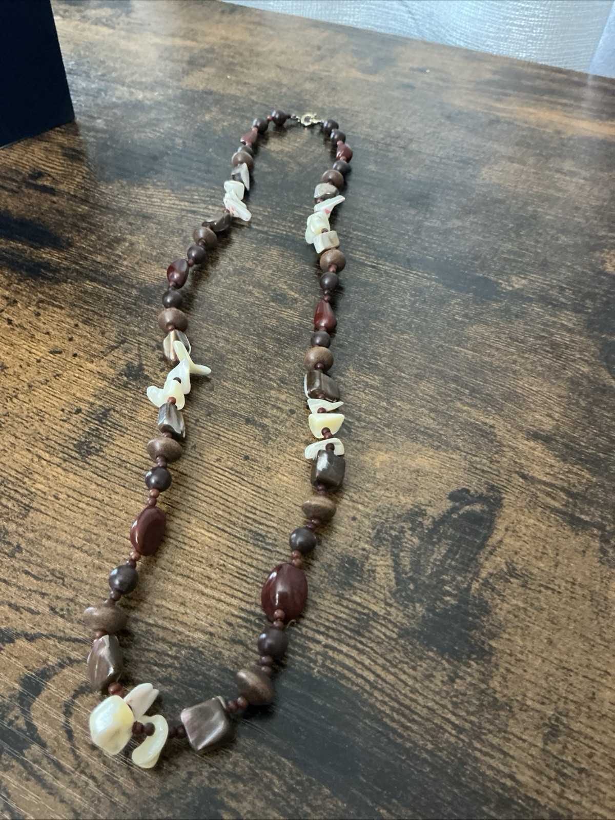 Brown & Cream Stone Beaded Necklace Ball/Bead Chain Lobster Closure