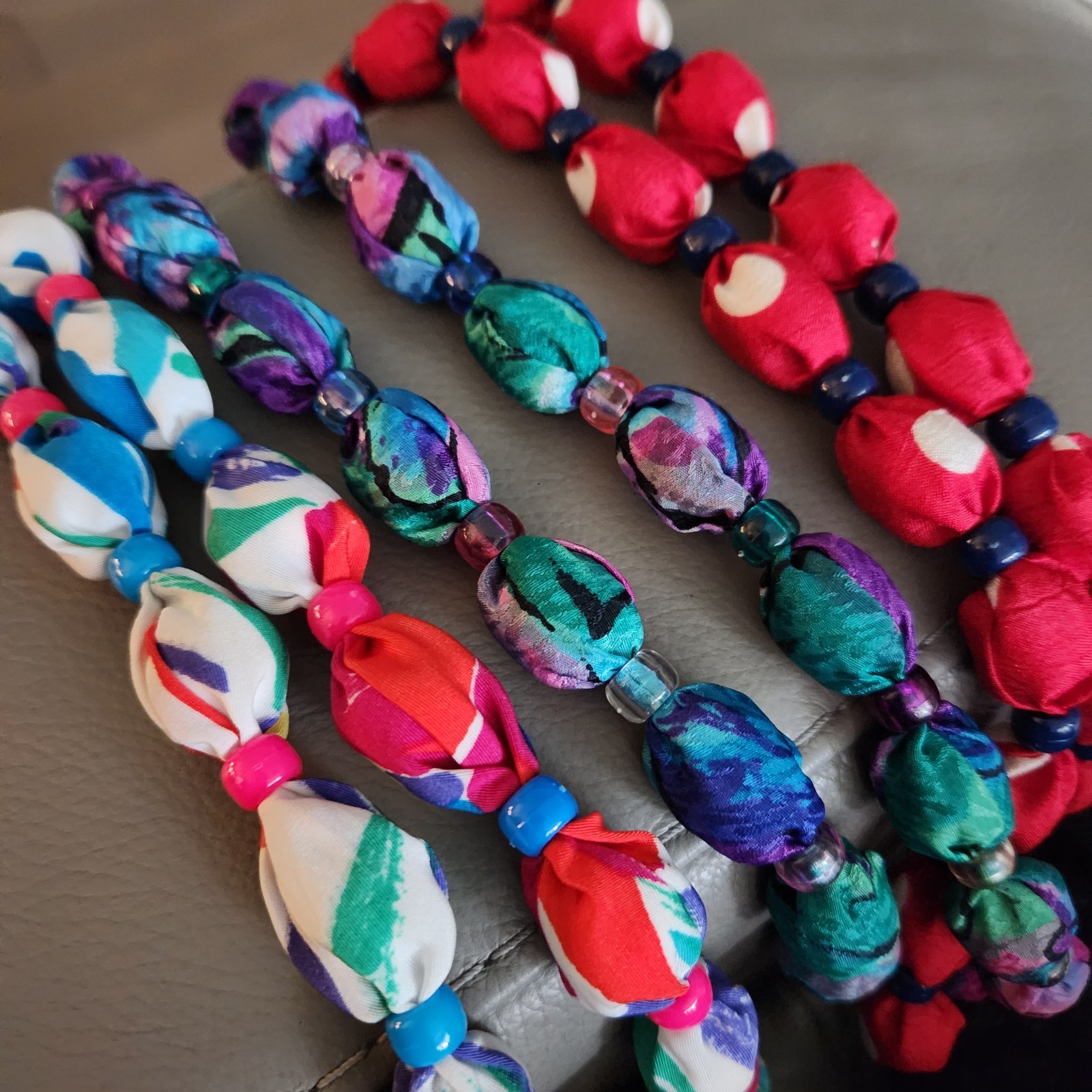 Vintage Lot of 3 Handmade Fabric Cloth Covered Wood Bead Necklaces 30″