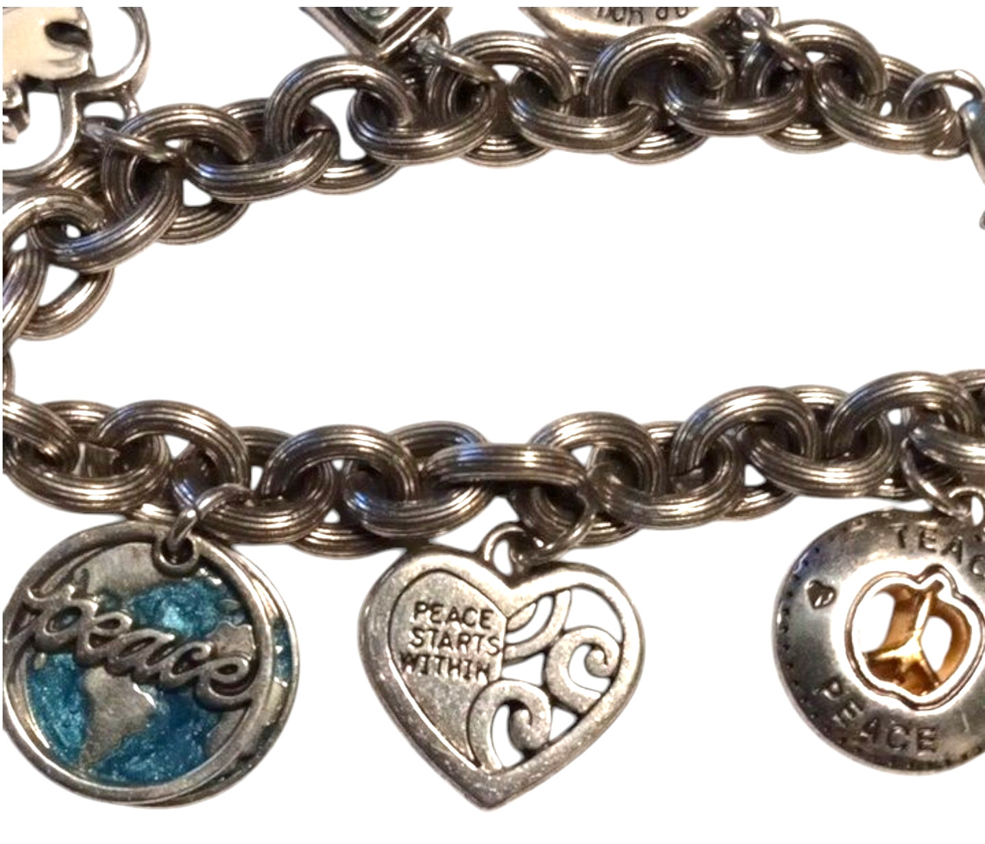 BRIGHTON Signed B Heart Silver Gold Tone Peace Charm Bracelet Enamel World Dove