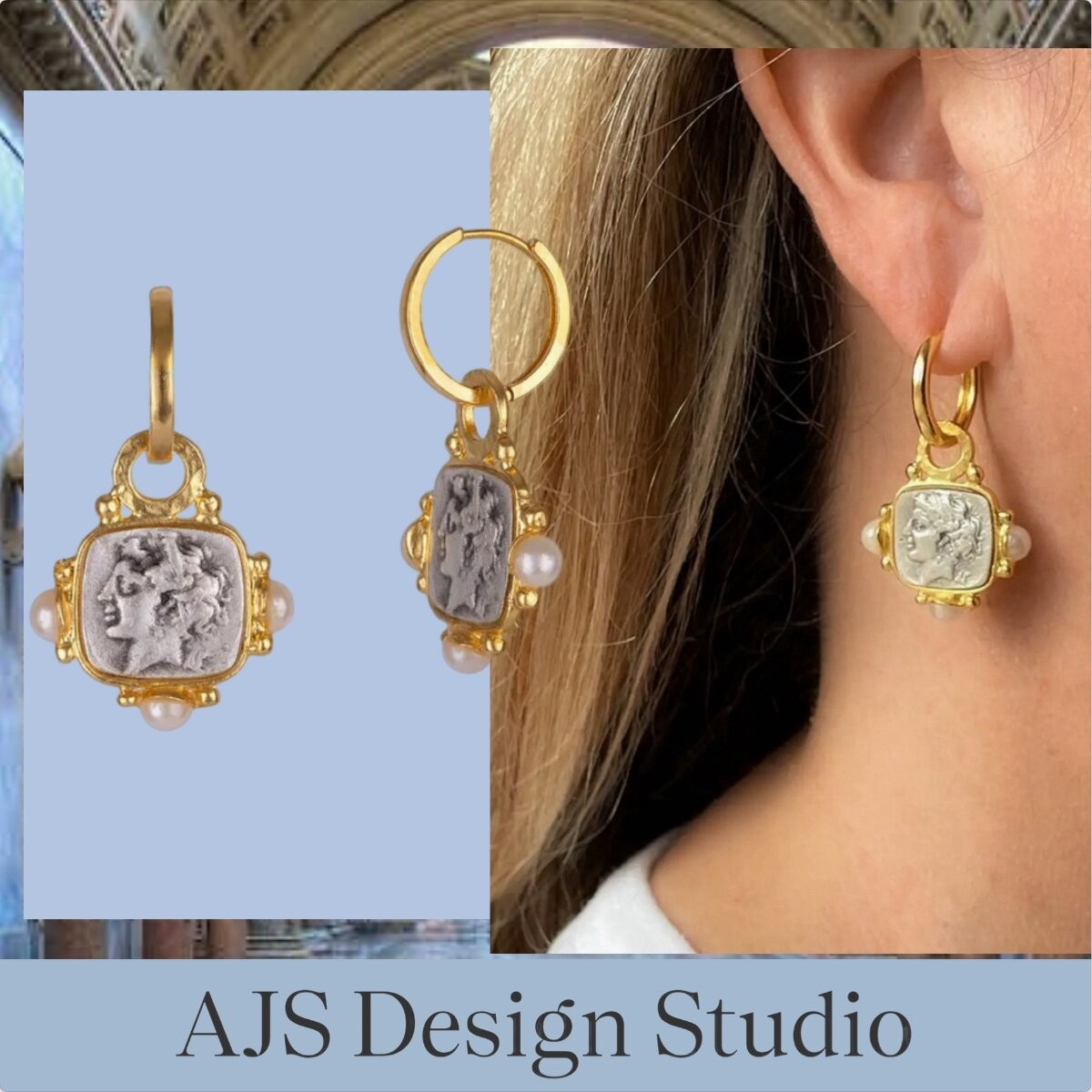 AJS Designs Gold Roman Coin Earrings Jewelry 22kt GP