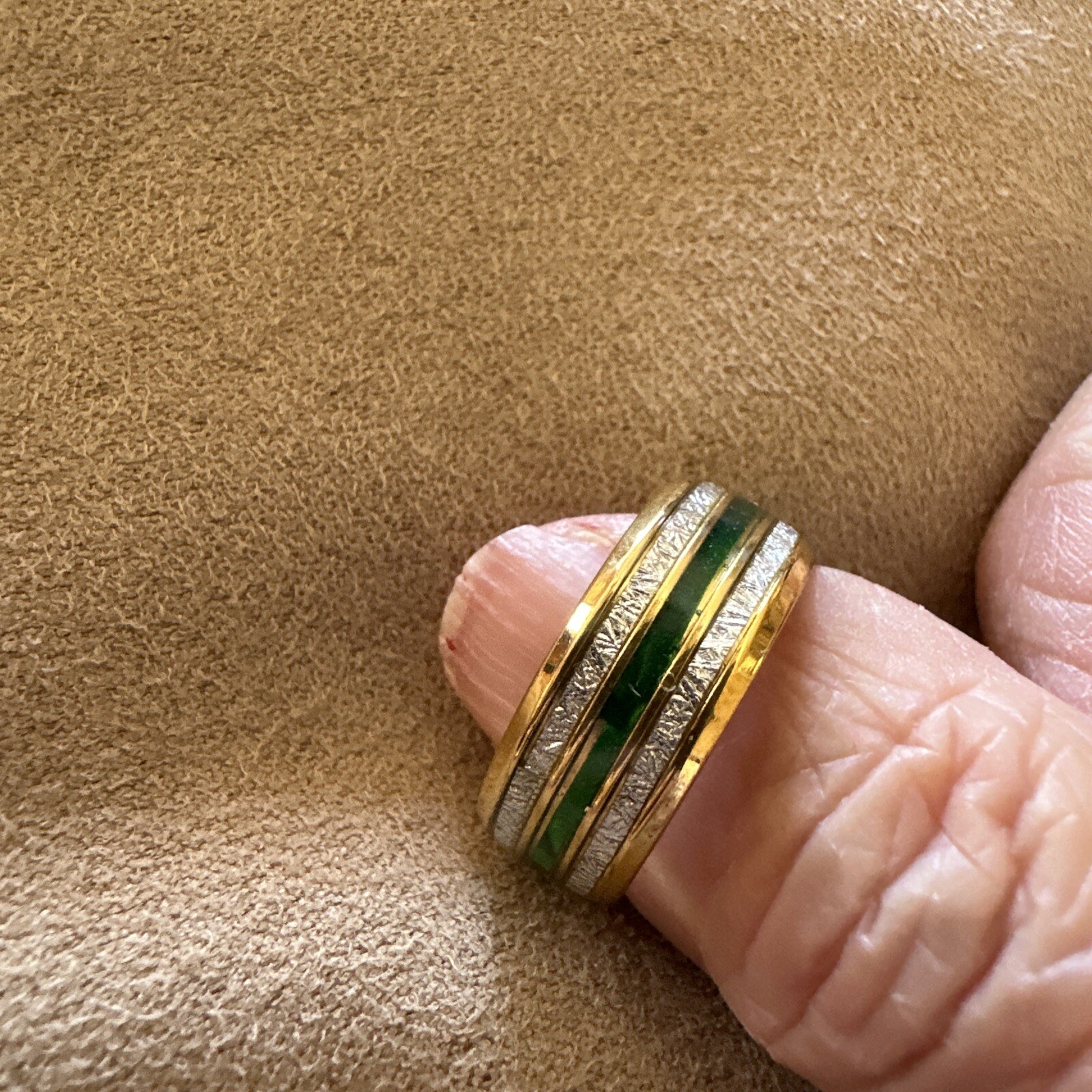 Stainless Steel Gold Ring With Green & Silver Accent Sequins In A Size 7