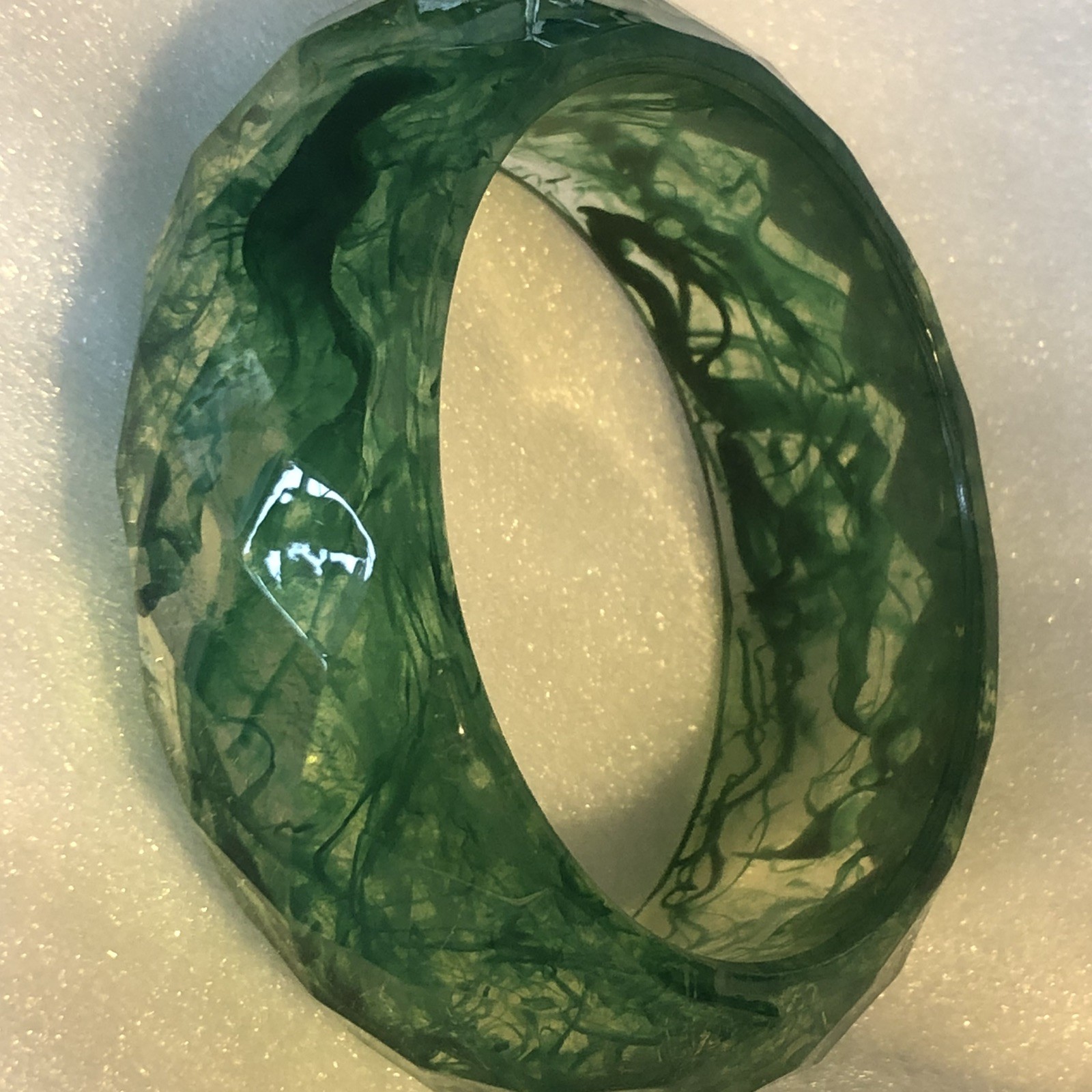 Statement Bangle Clear Acrylic Unique Green Swirls Diamond Cuts 1” Wide 7.5”Cir.