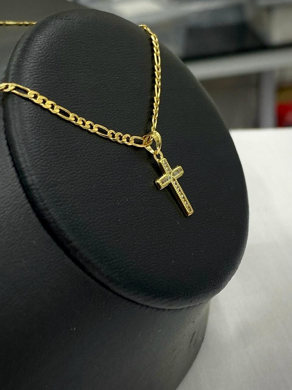 Men Women Cross CZ Pendant 14k Gold Filled Figaro Chain Necklace Baby Kids 17×10