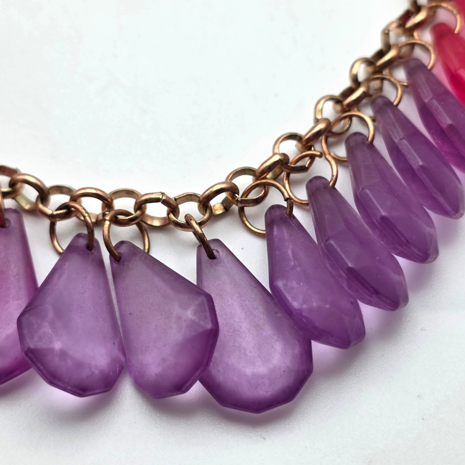 Pink Purple Blush Clear Lucite Fringe Statement Necklace Rose Gold Coldwater 34″