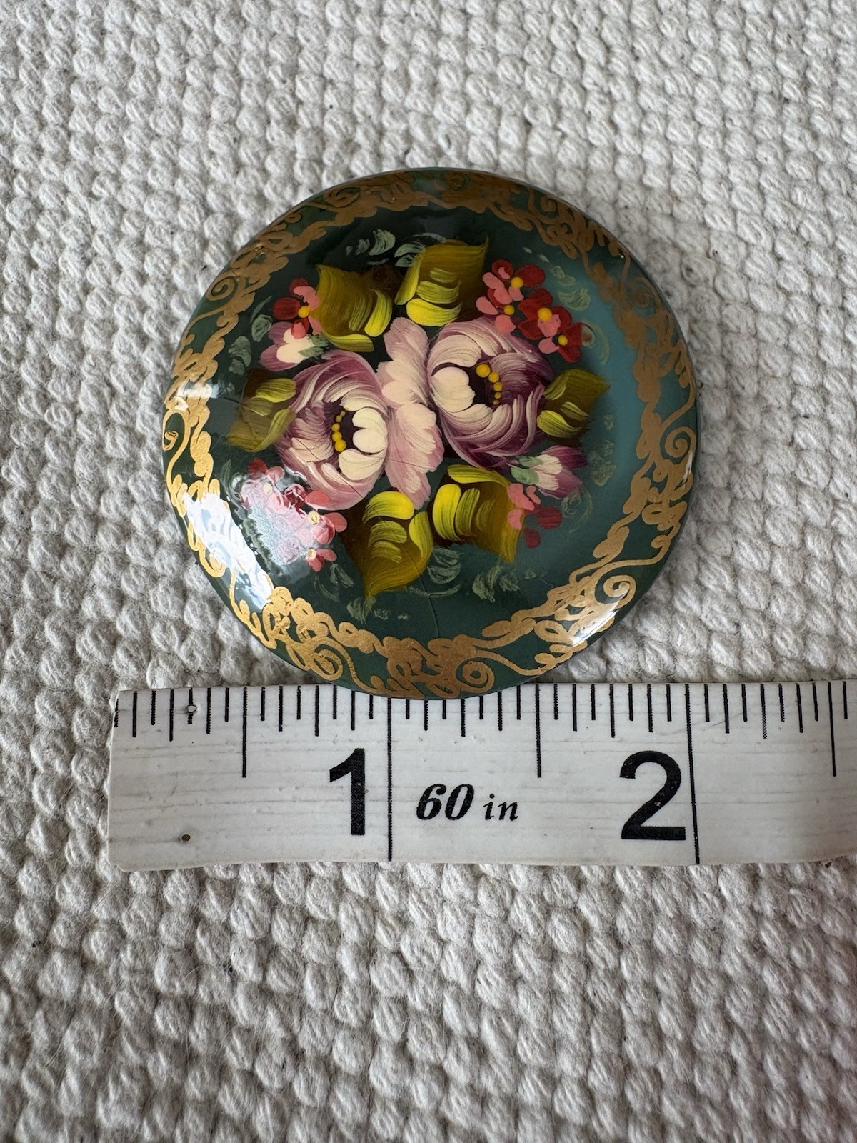 Vintage Russian Hand-Painted Lacquer Brooch Floral Design Signed VTG Pin