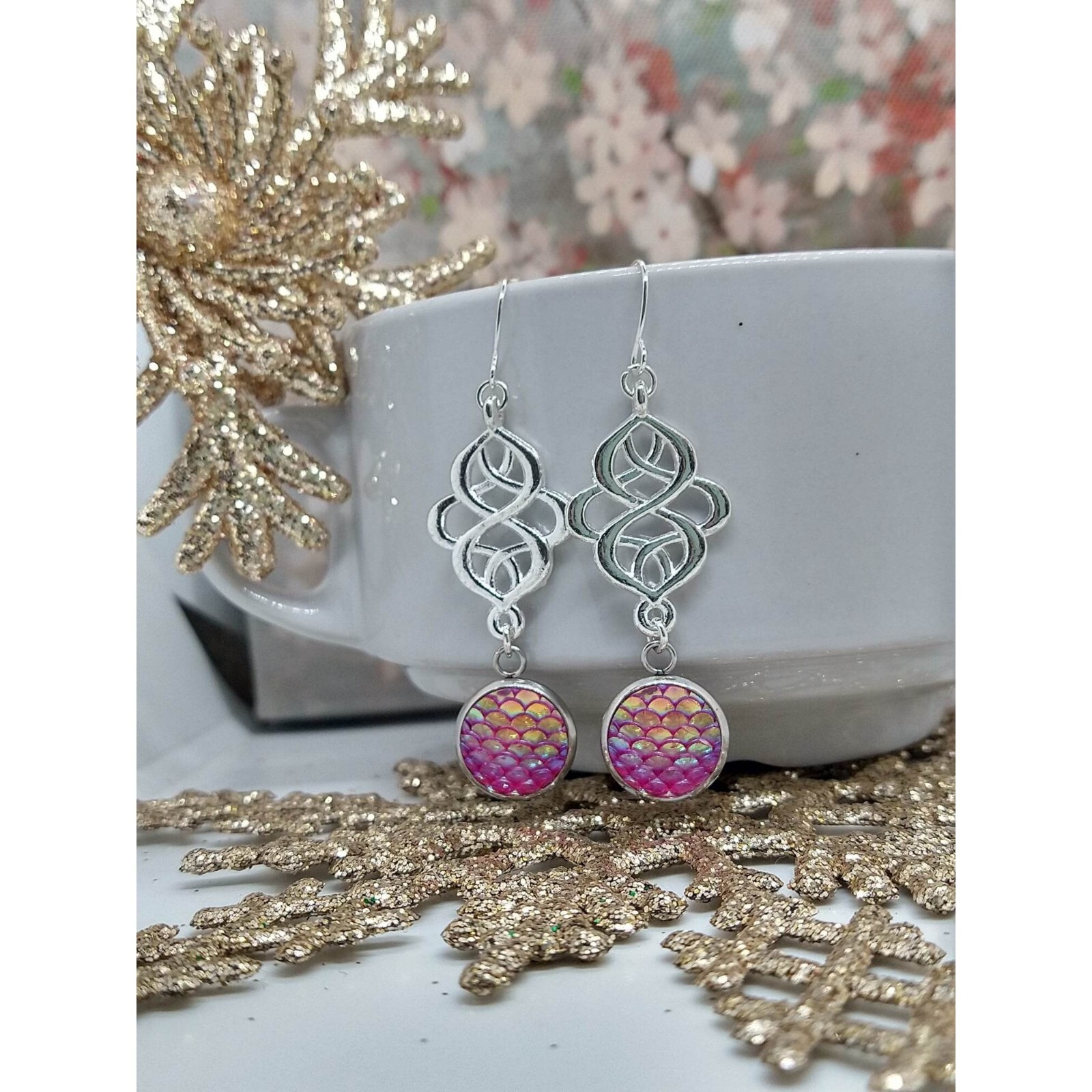 Iridescent Mermaid Silver Dangle Earrings, Ladies Handmade Fashion Drops