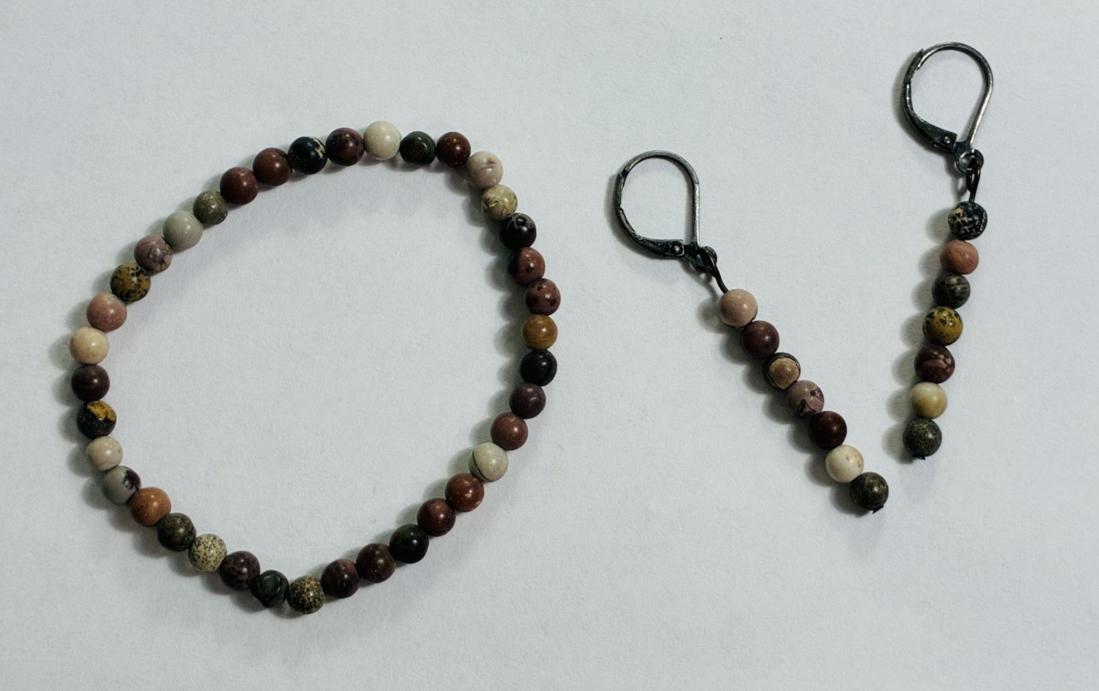 Rhodinite Brown, Cream, Grays – vary colors- Stretch Bracelet And Earrings Set