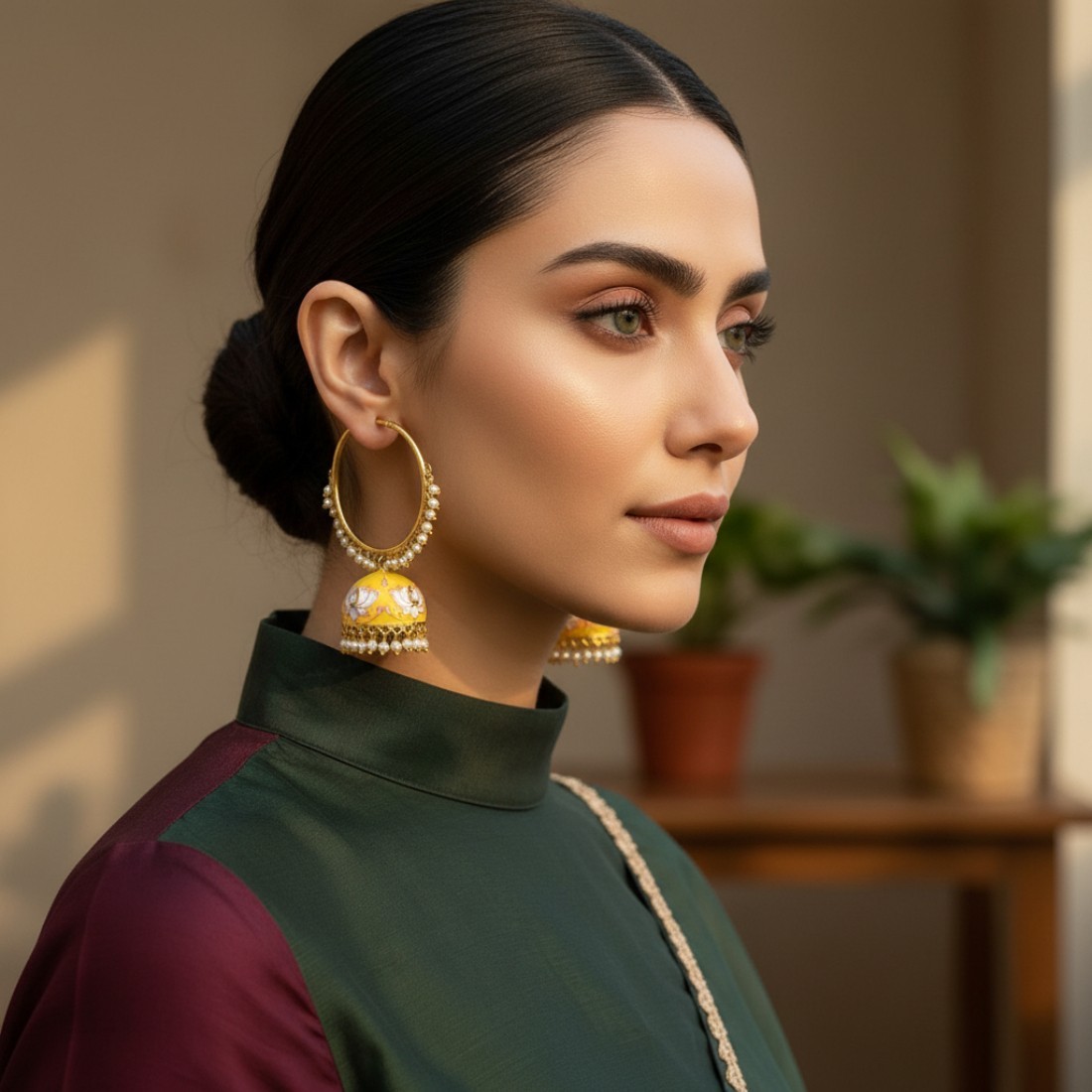 Indian Bollywood Style Yellow Color Jhumka for Saree