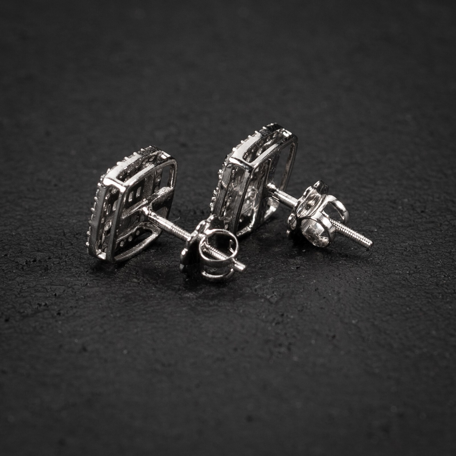 White Gold 925 Sterling Silver Square Baguette Iced Cz Hip Hop Stud Earrings
