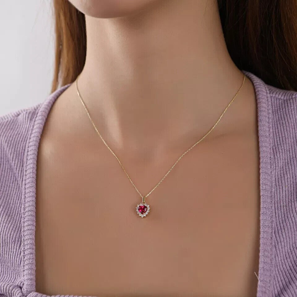 2Ct Heart Cut Simulated Red Ruby Women’s Halo Pendant In 14K Yellow Gold Plated