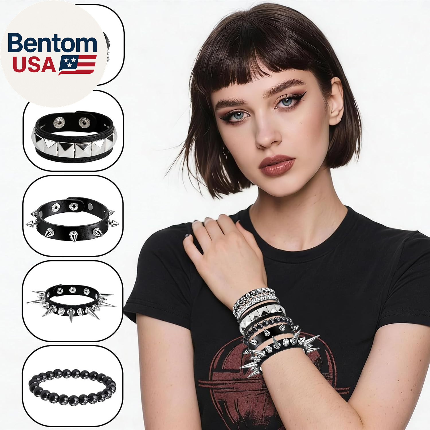 5 Pcs Spiked Bracelets Black Studded Cuff Punk Jewelry, Adjustable Gothic Emo Al