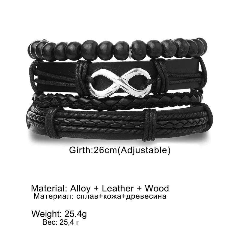 4Pcs/ Set Braided Wrap Leather Bracelets for Men Vintage Life Tree Rudder Charm