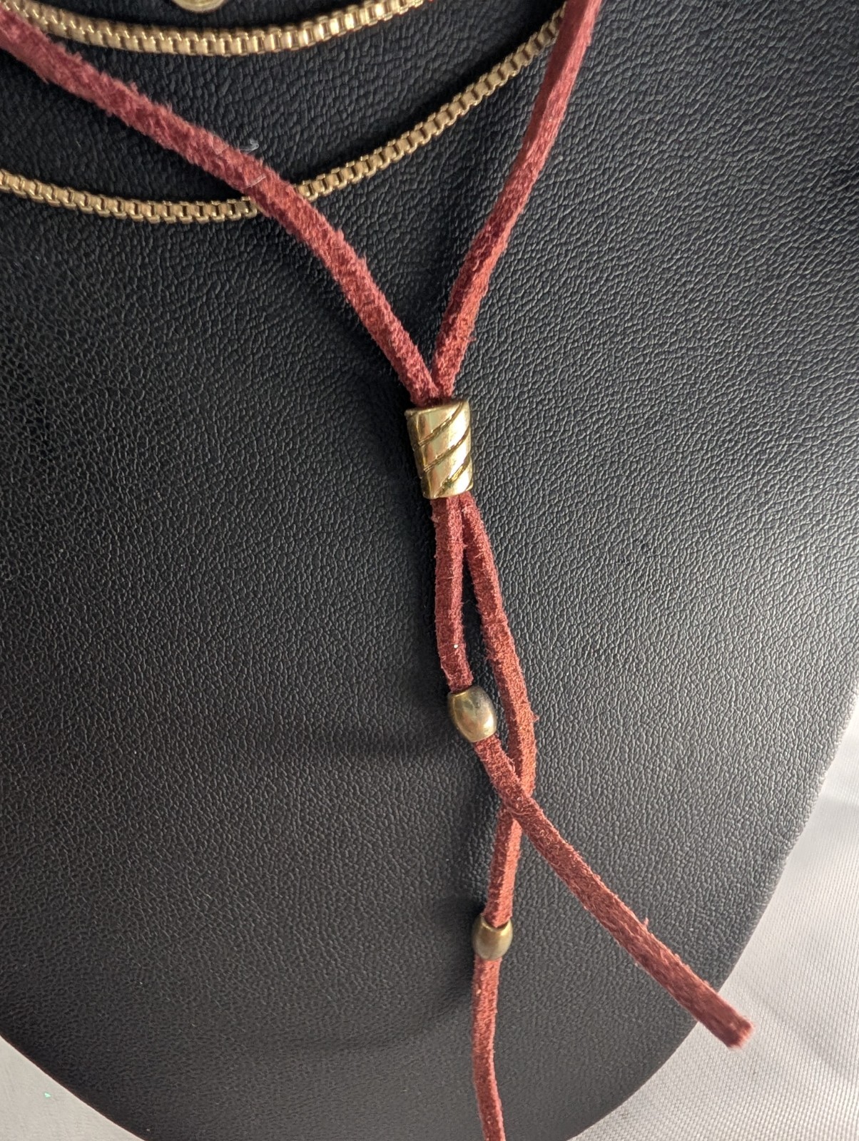 Burgundy Suede Cord Layered Snake Chain Necklace Gold Tone Lobster Adjustable