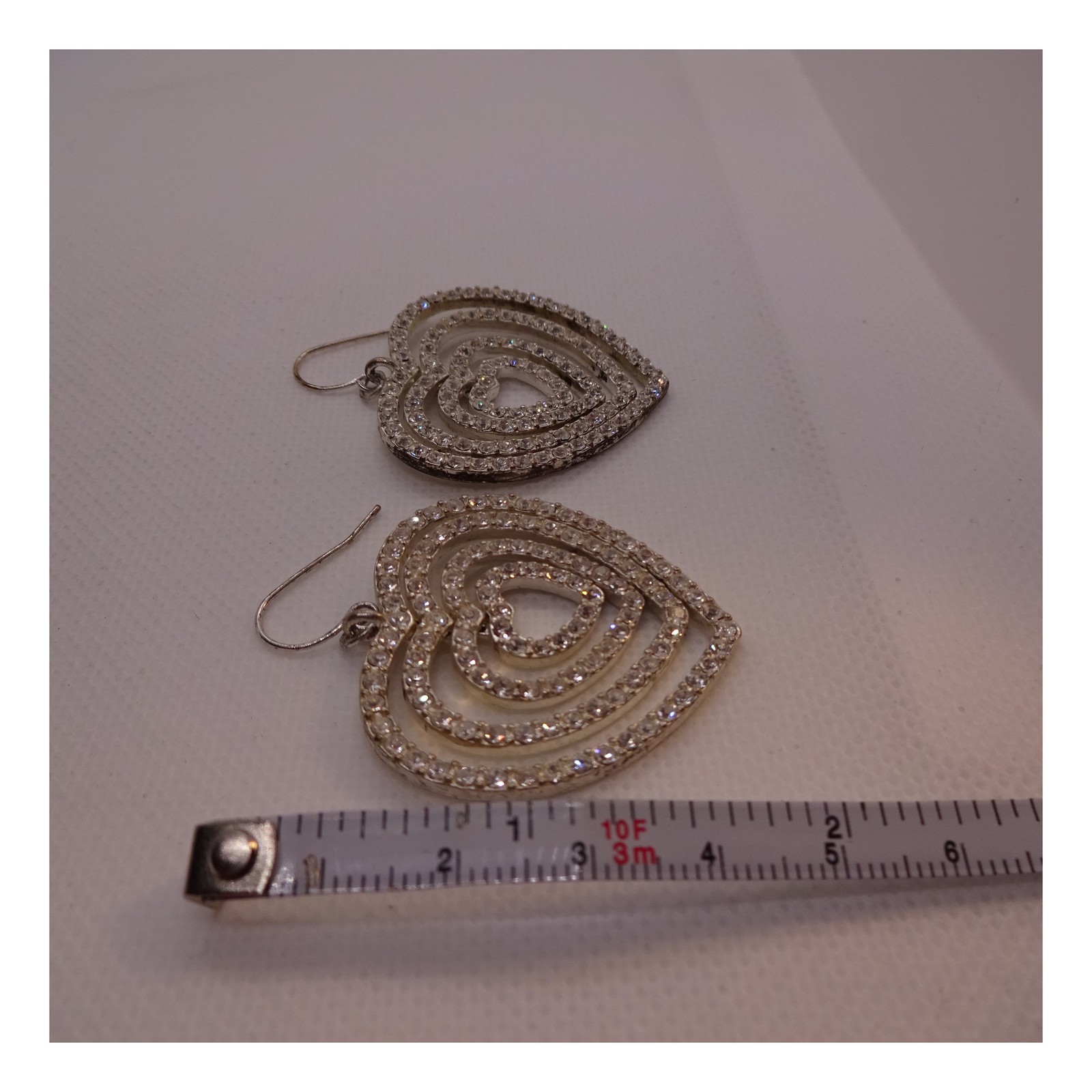 Sparkling Silver Tone Rhinestone Nested Heart Dangle Drop Earrings 2″ Long