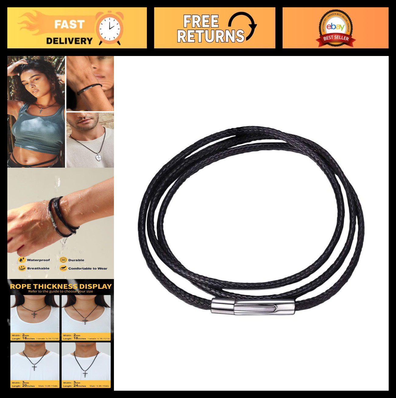 Customizable Leather Necklace Cord with Waterproof Woven Wax Rope Chain, 16″-30