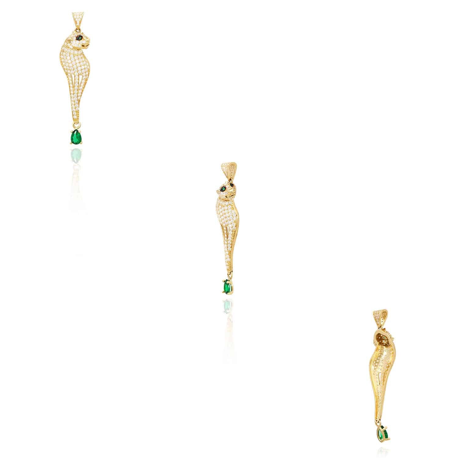 14K Yellow Gold Simulated Diamond Pave Panther Pendant With Dangle Pear Emerald