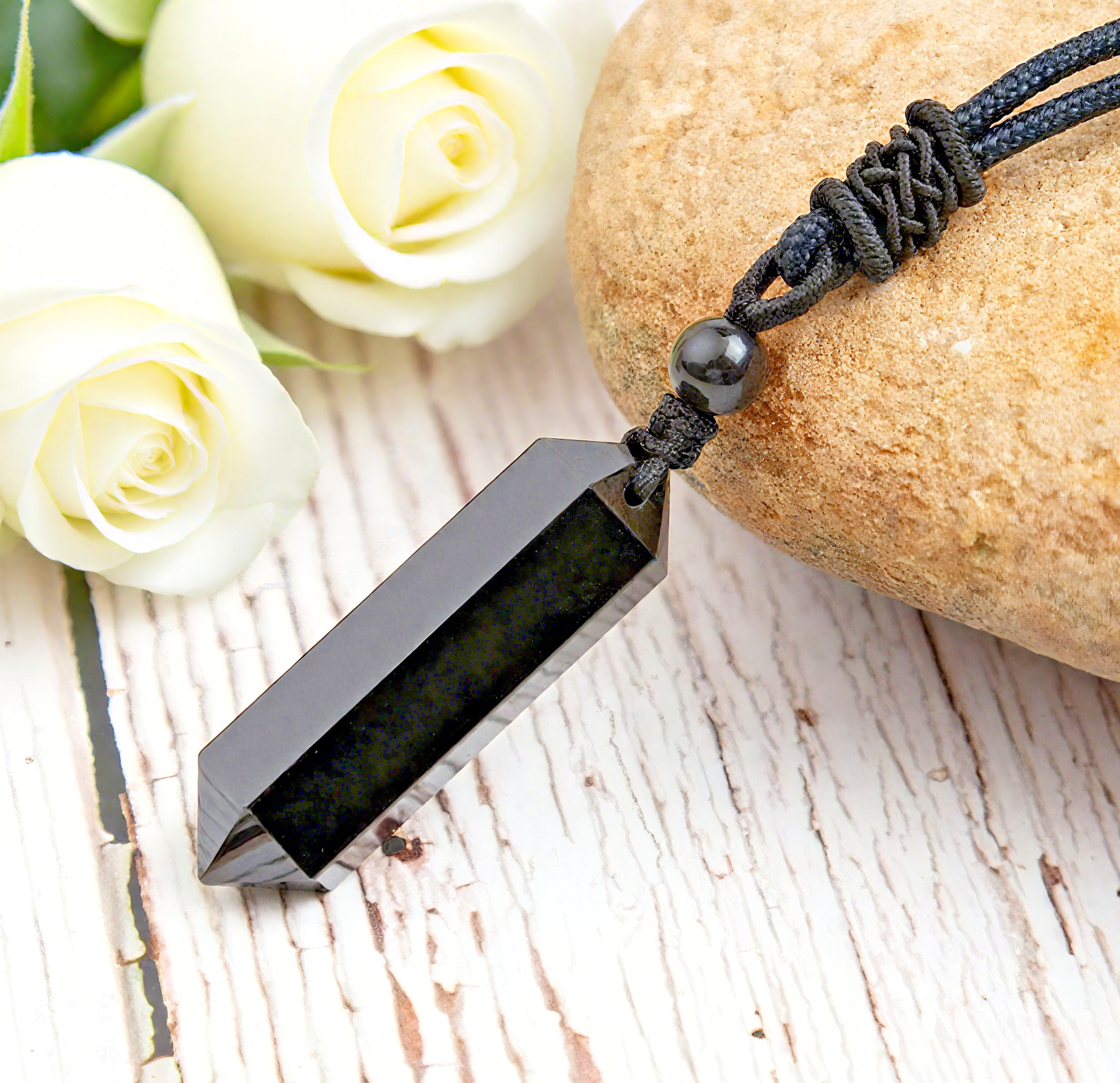 Black Obsidian Hexagon Double Point Pendant Necklace Healing Crystal Amulet