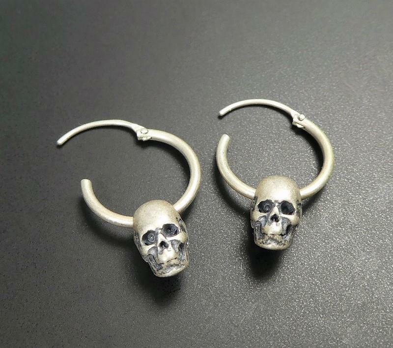 Tiny Small Matte 925 Sterling Silver Skull on Hoop Pierced Earrings Lightweight
