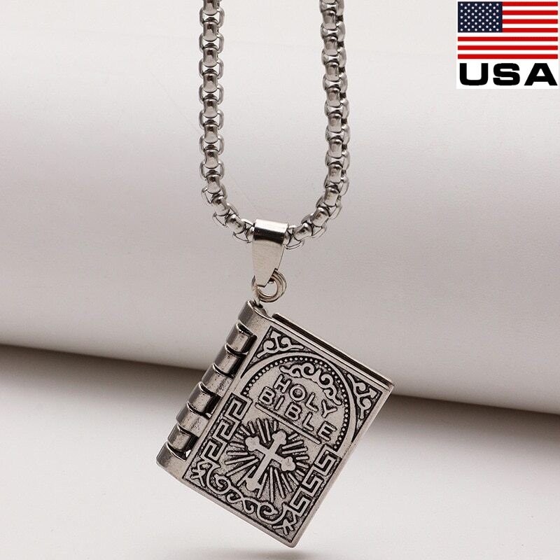 1/2pcs Holy Bible Book Pendant Necklaces Openable Prayer Bible Verse Metal Pages