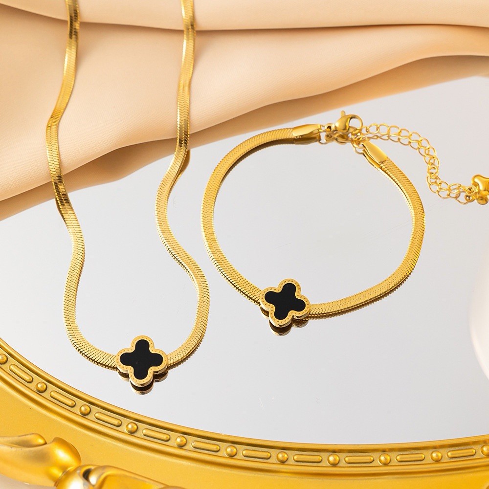 Gold Tone Black Clover Pendant Necklace & Bracelet Jewelry Set